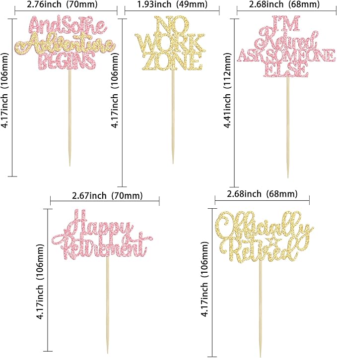 Gyufise 30Pcs Happy Retirement Cupcake Toppers Officially Retired Cake Toppers No Work Zone Adventure Begins Cupcake Picks for Retirement Theme Farewell Birthday Party Decorations Supplies Pink Gold