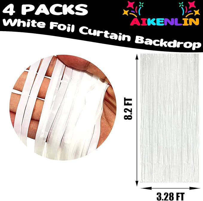 4 Pack 3.2Ft x 8.2Ft White Foil Fringe Curtain Backdrop, Metallic Tinsel Foil Fringe Streamers Curtains Background for Photo Booth, Birthday, Wedding, Disco, Bachelorette, Christmas Party Decoration
