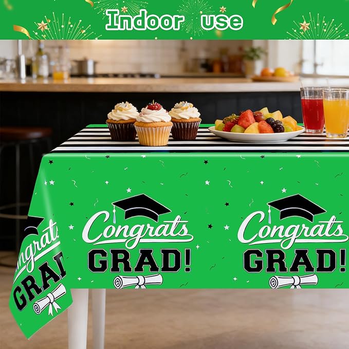 7-Pack Graduation Party Decorations Set, 3 Green Graduation Tablecloths 54x108in, 2026 And GRAD Balloons, 2 Foil Fringe Curtains for High School College Graduation Party Photo Booth
