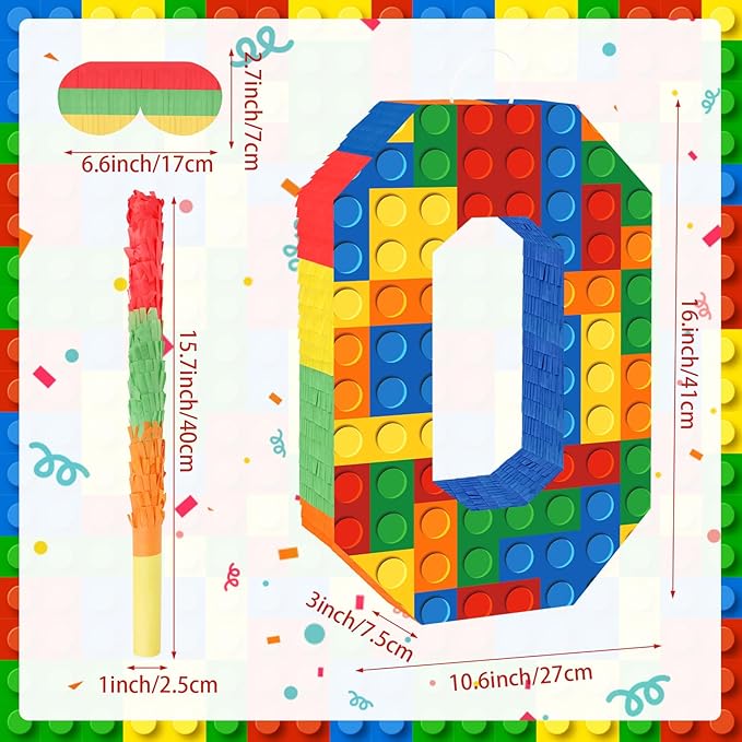 Number 0 Pinata Building Blocks with Pinata Stick Blindfold 10th Birthday Party Decorations for Kids Happy Birthday Building Block Theme Anniversary Party Supplies (Small, 16 x 10.6 x 3 In)