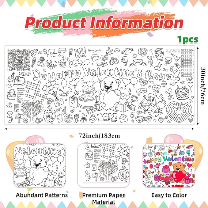 Valentines Coloring Tablecloth/Poster, Valentines Day Gifts for Kids Classroom, Valentines Day Decorations, 72"X30" Giant Paper Coloring Banner Tablecloth for Kids Crafts Activities Party Decorations