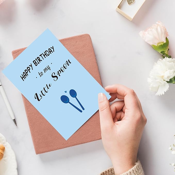 "Little Spoou Funny Birthday Card for Boyfriend/Girlfriend - Humorous Couple Spoon Design with Inside Joke Message, 8 * 5.3 Inch Premium Blue Watercolor Card Girlf for Fiancé/Husband/Wife