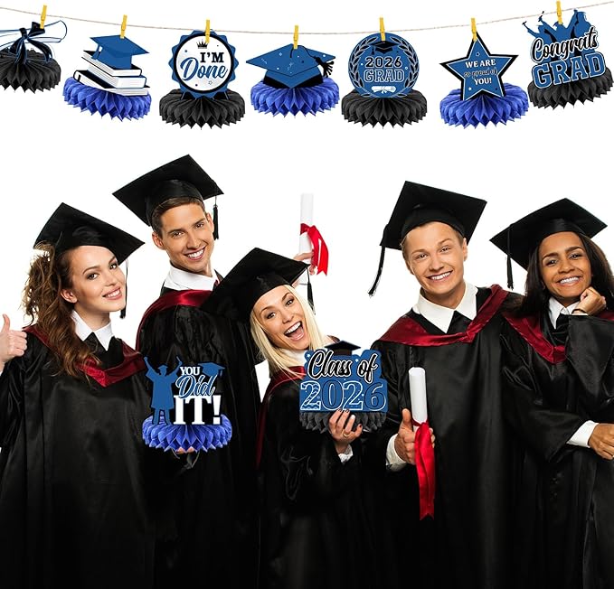 Yisong 9 Pieces 2026 Graduation Party Table Decorations Class of 2026 Congrats Graduation Centerpieces for Tables Congratulate Honeycomb Centerpiece Topper for Grad Party Supplies(Blue)