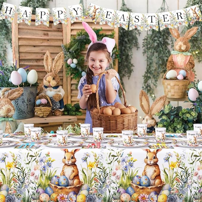 Easter Party Supplies, Happy Easter Party Tableware Set, Happy Easter Banner, Bunny Paper Plates Napkins Cups for Easter Spring Party Decorations