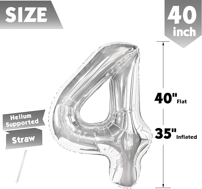 40 Inch Silver Number 4 Balloon, Giant 4 Number Balloons for 4th Birthday Decorations, Party Supplies for Baby Boy Girl, Silver Party Decor