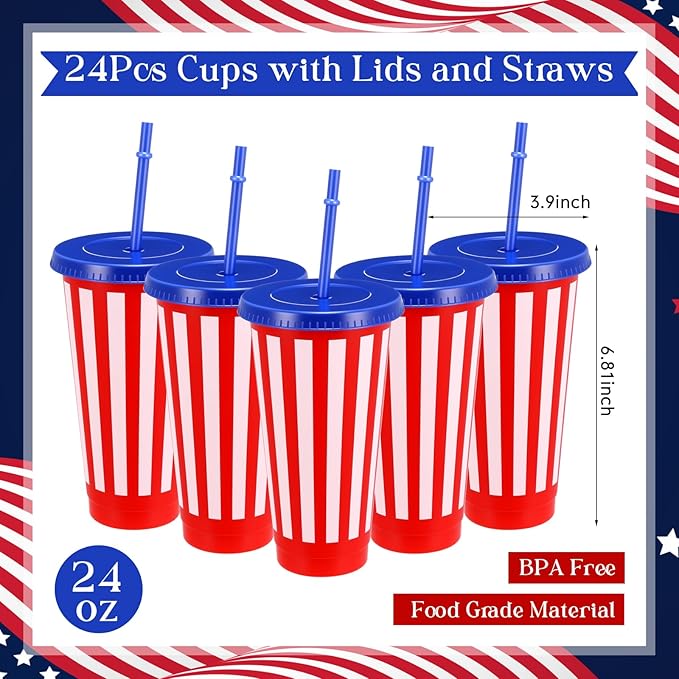 Baderke 24 Pcs 4th of July Plastic Cups Red 24 oz White and Blue Plastic Cups with Lids and Sleeves Stars Stripes Design Drinking Tumbler for Patriotic Memorial Day Reusable Fourth Decor for Party
