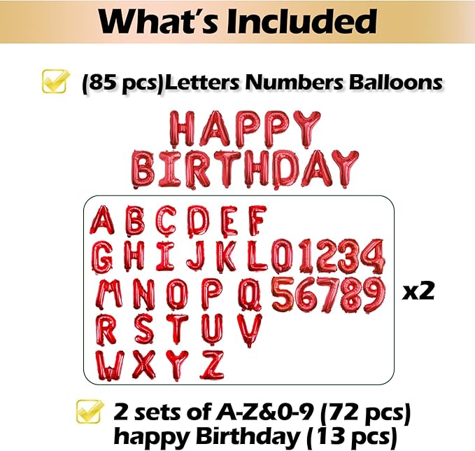 [85 PCS] 16" Red Letter Number Balloons, Happy Birthday & 2 Sets of A-Z 0-9, Foil Mylar Aluminum Hanging Alphabet for Valentine's Day Anniversary Graduation New Year eve Birthday Party Decorations
