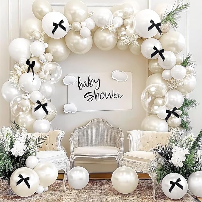 White Balloon Garland Arch Kit, Double Stuffed Cream Ivory Sand White Pearl Balloons with Bow Clear Balloon for Bridal Wedding Baby Shower Birthday Valentine‘s Day Party Decorations