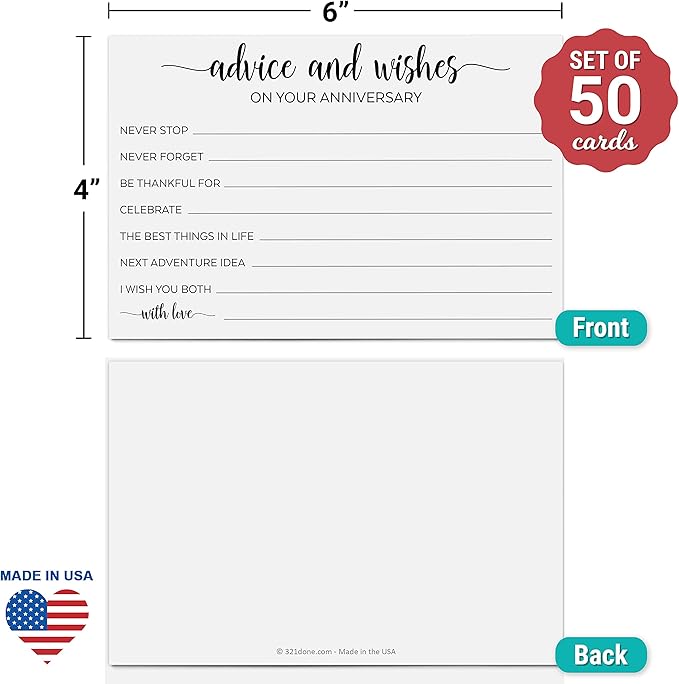 321Done Anniversary Advice and Wishes Cards, 4x6 White, Made in USA - Fun Game, Guestbook Alternative, Thoughtful Prompts for Silver, Golden Wedding Anniversary - Pack of 50