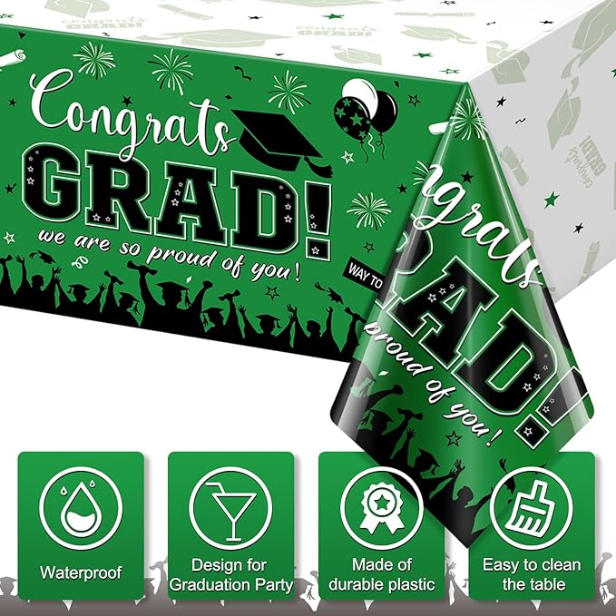 12Pack Graduation Tablecloth Party Decorations, Class of 2026 Congrats Grad Plastic Tablecover Party Supplies, Green Rectangle Graduation Table Decorations for College High School Party, 54 x 108 Inch