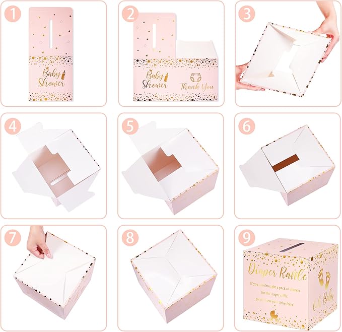 Funrous 51 Diaper Raffle Tickets with Box for Baby Shower Game Invitations Diaper Raffle Card for Gender Reveal Baby Shower Party Decoration Table Centerpiece(Rose Gold)