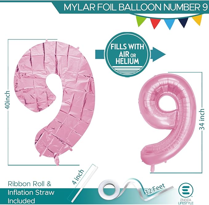 40 Inch Large Pink Number Celebration and Decoration Balloon for Birthday Parties, Graduations, Anniversaries, Weddings, Photo Shoots, Special Events - Helium Foil Mylar (Pink Number 9)