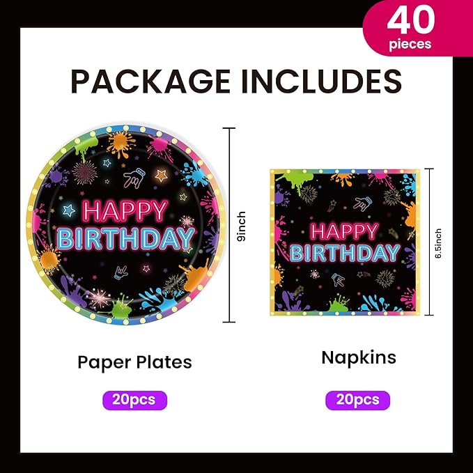 40pcs Neon Plates and Napkins Party Supplies, Disposable Neon Glow Birthday Party Plates and Napkins Tableware Set for Neon Birthday Party Decorations