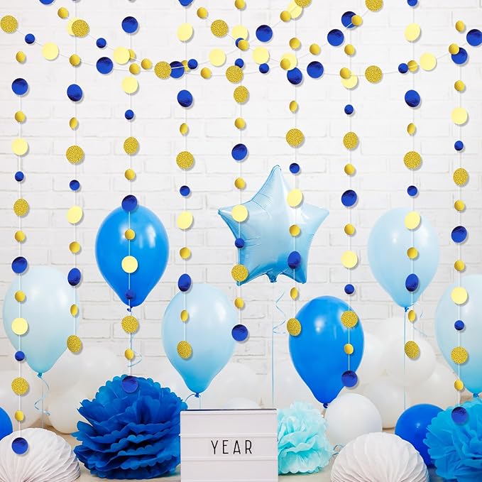 Outus 5 Pieces 13.1 ft Blue Gold Circle Dots Garland Hanging Paper Dot Streamer for 2026 Graduations Birthday Wedding Baby Shower Nautical Pirate Theme Party Decorations Supplies(Blue, Gold)