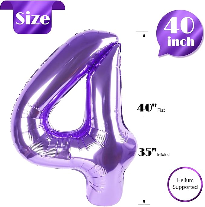 Purple Number 4 Balloon 40 Inch, 4 Balloon Number, 4th Birthday Decorations, Purple Party Supplies for Boys Girls