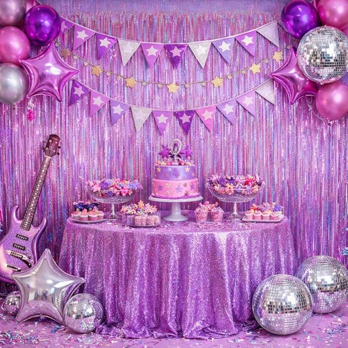 Melsan 2 Pack 3.2 ft x 8.2 ft Tinsel Foil Fringe Curtains Backdrop, Sparkle Metallic Foil Curtains for Party Photo Booth Props Decoration, Pinkish Purple