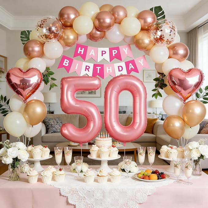 50th Birthday Decorations for Women, Rose Gold and Pink Party Supplies Set with Happy 50th Banner, Number 50 Balloon and Foil Fringe Curtains, 50 Year Old Kit