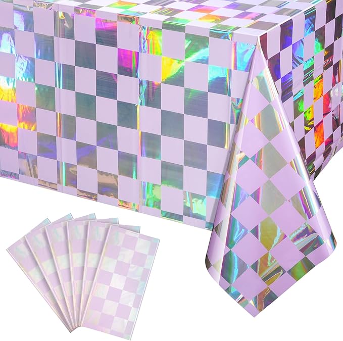 6Pack Iridescent Checkered and Purple Plastic Tablecloths Shiny Disposable Laser Rectangle Table Covers Holographic Foil Tablecloth Iridescent Party Decorations Birthday Bridal Baby Shower, 54x108Inch