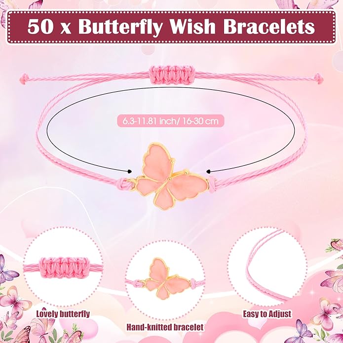 Ferreve Baby Shower Favors for Guests Bulk, 50 Pack Butterfly Wish Bracelets with “A Message from the Bump” Cards, Baby Shower Party Favors for Gender Reveal