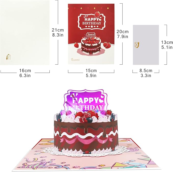 Strawberry Round Cake Music Playing Pop Up Happy Birthday Greeting Card with LED Light, Love Gift for Adult and Kid with Blank Note & Envelope, Celebration for Daughter, Son, Mom, Dad
