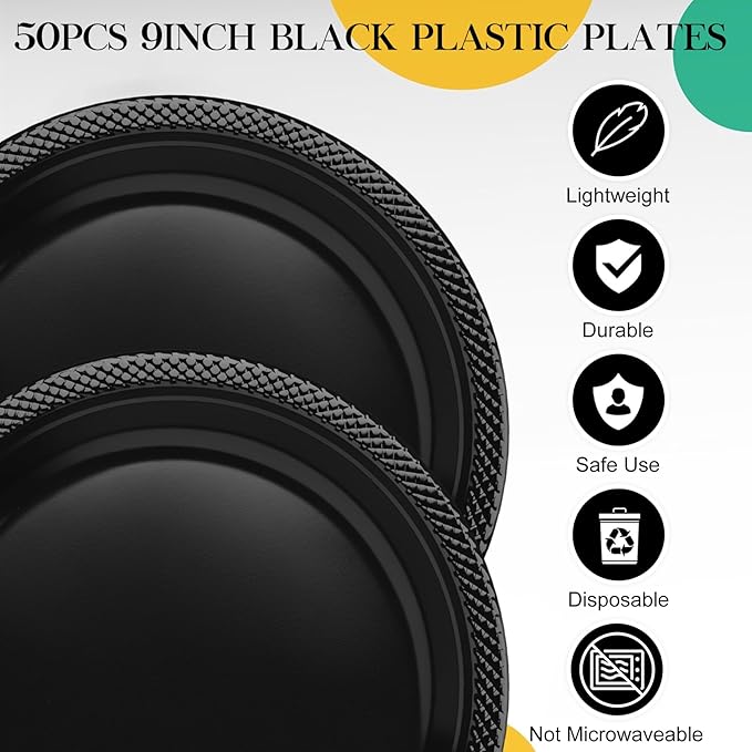 50Pcs Black 9 Inch Disposable Plastic Plates for Party, Black Party Plate Set for 50 Guests, Plastic Party Supplies Dinnerware for Graduation, Retirement, Birthday, BBQ