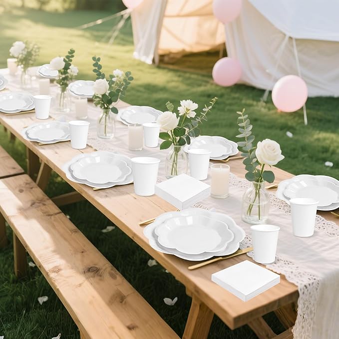 250 Pcs White Paper Plates and Napkins Tableware Set, White Party Supplies for 50 Guests Include Scalloped Paper Plate Napkins Cups for Baby Shower Wedding Bridal Shower Birthday