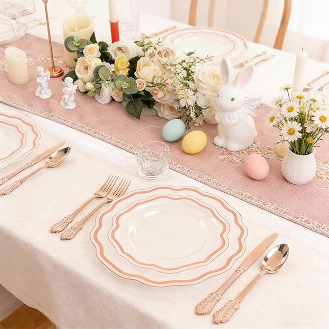 NOCCUR 150PCS Rose Gold Plastic Plates&Rose Gold Silverware-Include 30Dinner Plates, 30Salad plates, 90 Disposable Rose Gold Utensils- Ideal for Weddings/Party/Easter Day