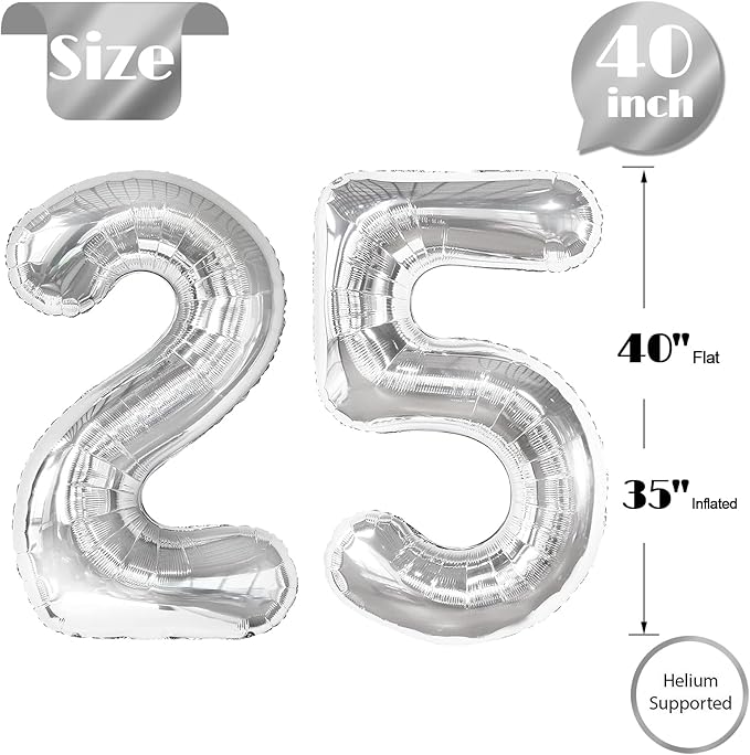Silver Number 25 Balloon 40 inch, 25 Number Balloons, 25th Silver Birthday Decorations, 25 Year Old Women Men Silver Party Supplies