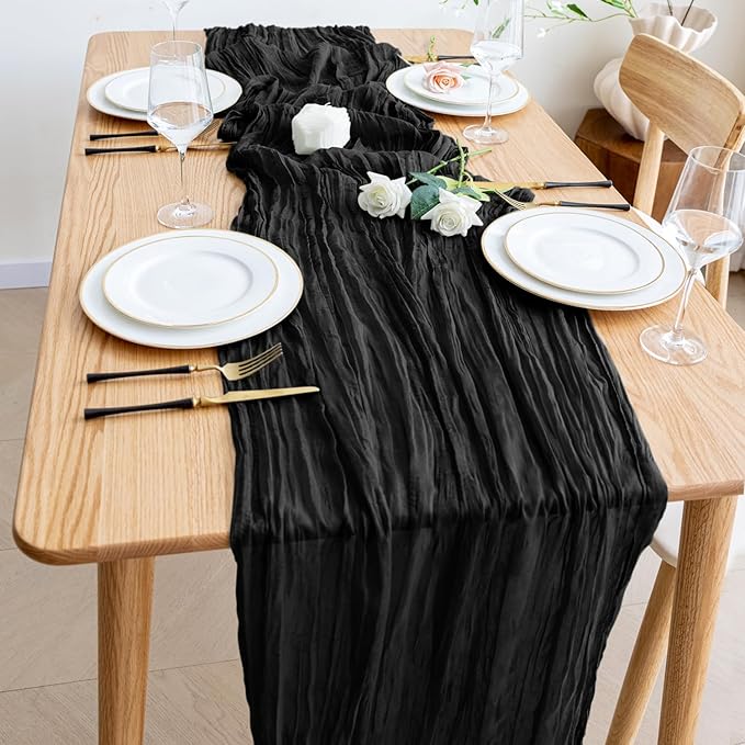 Wokceer Cheesecloth Table Runner Black 10FT Boho Gauze Christmas Cheese Cloth Table Runner for Party Long Rustic Sheer Table Runners for Baby Bridal Shower Wedding Easter Table Decor