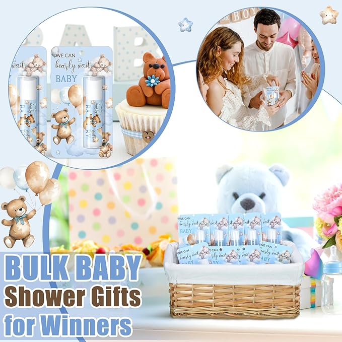 30 Pack Blue Bear Baby Shower Games Prizes Gifts Bulk Bear Lip Balms Favors for Winners Boys Girls Gender Reveal Favors Decorations Winter New Year Baby Shower Souvenirs Gift Bags Stuffer