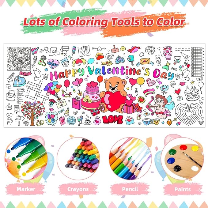 Valentines Coloring Tablecloth/Poster, 3 PCS Valentines Day Gifts for Kids Classroom, Valentines Day Decorations, 72"x30" Giant Paper Coloring Banner Tablecloth Crafts Activities for Party Decorations