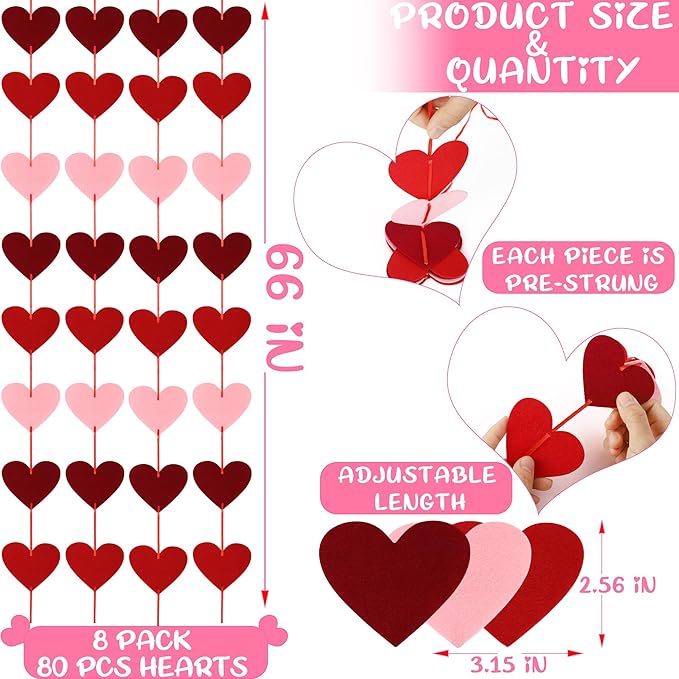Valentine's Day Decoration - 80 Felt Hearts 8 Pack Heart Banner, Pre-Strung Hanging Decor for Home, Fireplace, Office, Wall, Door, Window