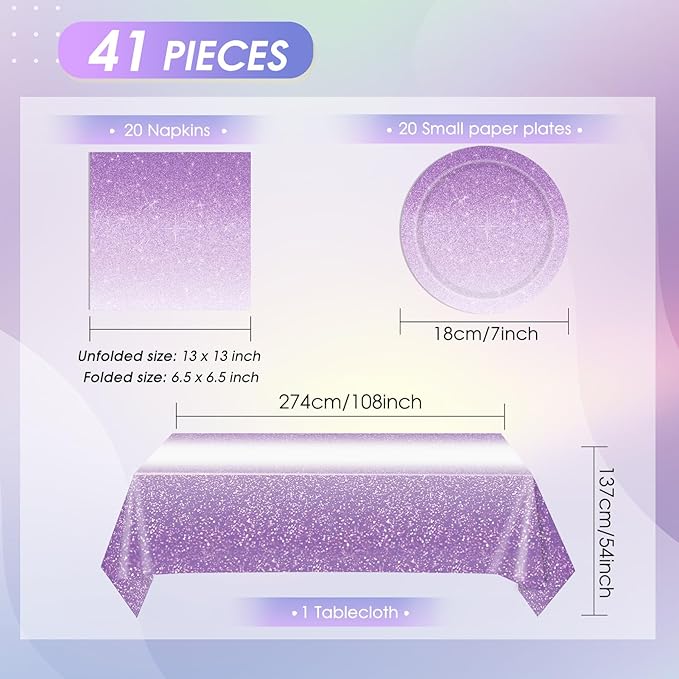 41Pcs Ombre Purple Party Decorations Disposable Party Tableware Set Gradient Pastel Purple Paper Plates Napkins Tablecloth, for Wedding Birthday Anniversary Lavender Party Decorations,Serve 20