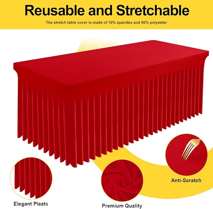 Smiry Spandex Tablecloth 2 Pack, Elastic Fitted Stretch Tablecloth for 6FT Rectangle Tables, Waterproof Washable Table Cover Skirt for Outdoor, Wedding, Banquet & Parties (Red, 72Lx30Wx30H Inch)