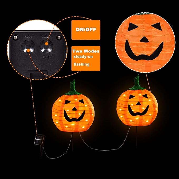 Solar Halloween Pumpkin LED Lights, Set of 2 Big Pumpkin Stake Lights 2 Modes for Outdoor Halloween Pathway Yard Garden Decoration (Warm White-Pumpkin, 2 Pack)