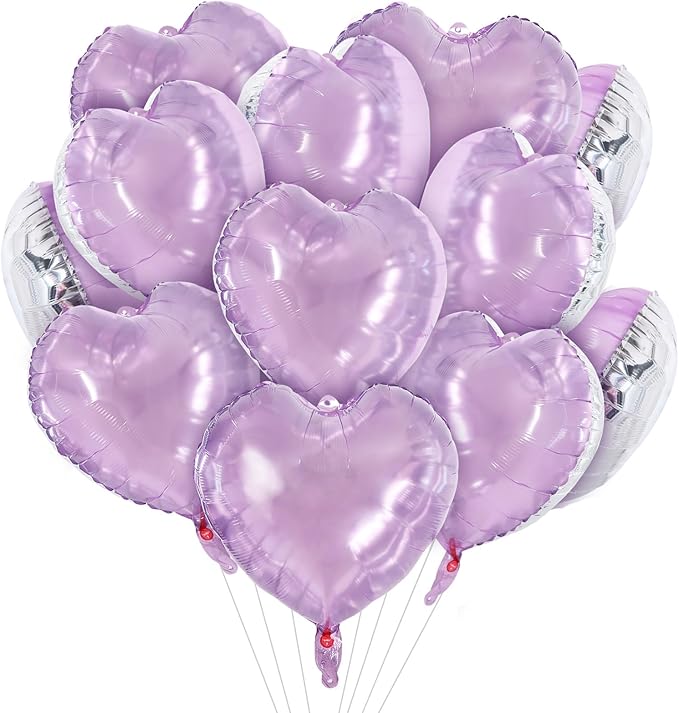 TONIFUL 30Pcs 18 Inch Light Purple Balloons Pastel Purple Heart Shape Foil Mylar Banners Decoration for Birthday Valentine's Day Wedding Bridal Shower Anniversary Engagement Party Supplies