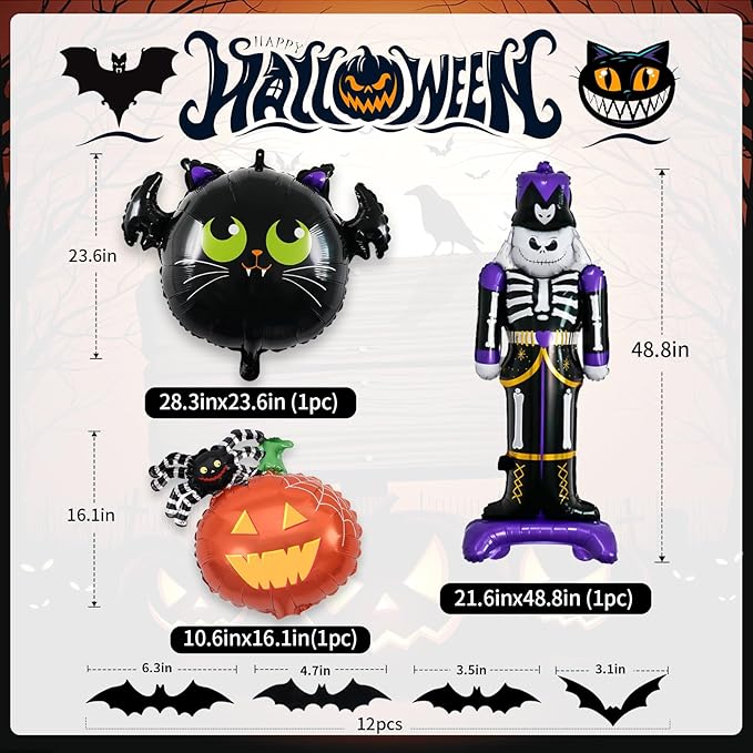 Halloween Balloons Garland Arch Kit, Macaron Pink Purple Balloons with Skeleton Guard Pumpkin Bat Foil Balloon, Black Hot Pink Halloween Balloon with 3D Fake Bats For Party Home Garden Decorations