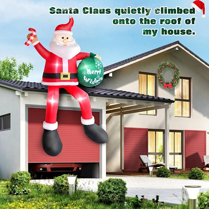 8 FT Inflatable Sitting Santa Claus Christmas Outdoor Decorations, Blow Up Santa Claus with Gift Bag Sitting on Roof Wall Tree Chair, Outdoor/Indoor Decorations for Street House Patio Bench Shrubs