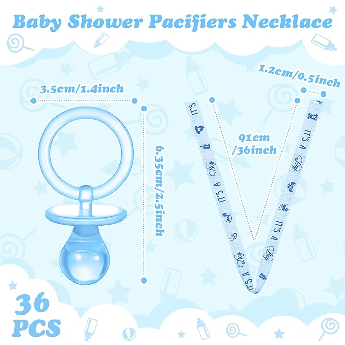 Coume 36 Pcs Shower Party Pacifiers Necklace Acrylic Pacifiers Charm Necklace for Shower Party Decorations Gender Reveal Table Scatter(Blue)