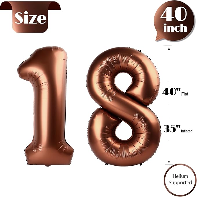 Dark Brown Number 18 Balloon 40 inch, Coffee Brown 18 Number Balloons, 18th Birthday Decorations, Chocolate 18 Year Old Girls Boys Party Supplies