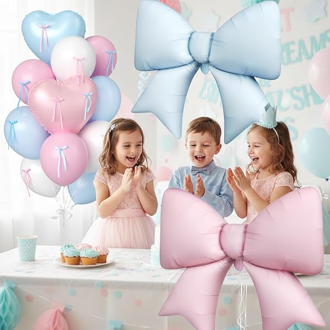 Gender Reveal Balloons, Pink and Blue Heart Balloons 38 Inch Bow Balloon, Baby Blue Light Pink White Balloon for Boys Girls Birthday Wedding Bridal Baby Shower Valentine Gender Reveal Decorations