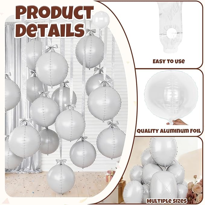 12Pcs White Round Balloons Foil, 22" 18" 15" 10" 4D Round Ball Shaped Balloon, Giant White Foil Balloons for Wedding Engagement Bridal Shower Prom Birthday Party Decorations Backdrop