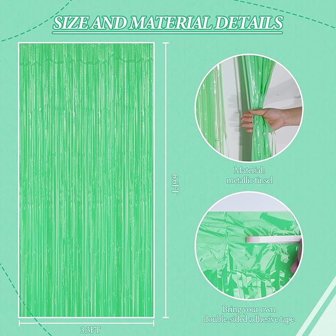 2 Pack Foil Fringe Backdrop - Pastel Light Green Shiny Tinsel Curtains for Party Decoration/Photo Booth Props - 3.3x6.6 FT Metallic Foil Backdrop for Birthday, Wedding, Graduation, Christmas