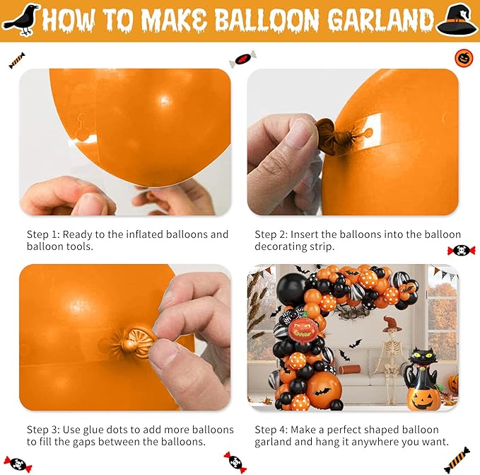 Halloween Balloon Arch Garland Kit, Orange and Black Balloon Arch Kit with 3D Bat Stickers, Boo Spider Bat Pumpkin Cat Pumpkin Spider Foil Balloons Polka Dot Balloons for Halloween Decorations