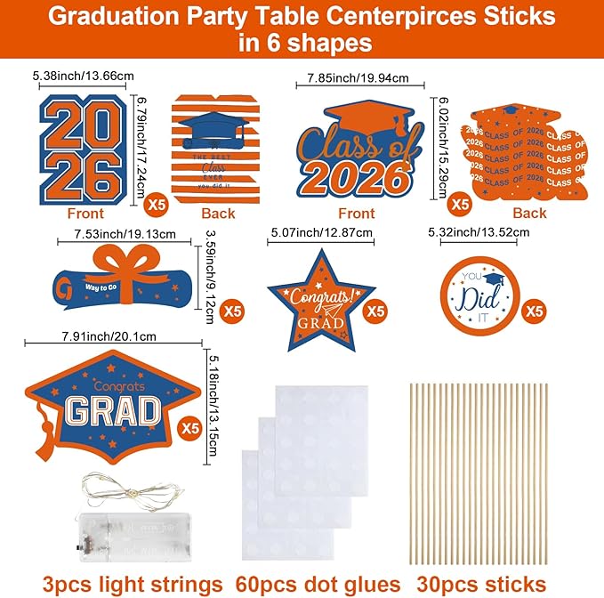 OuMuaMua Graduation Decorations Class of 2026-30pcs Blue Orange Graduation Table Centerpieces Sticks Table Toppers with Lights for College High School Congrats Grad Party Supplies
