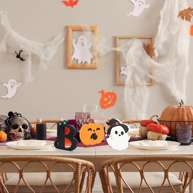 COCHIE BOO Signs Halloween Table Decorations Indoor, Retro Halloween Black Orange Tiered Tray Decor Set of 3, Wooden Happy BOO Day Decoration Sign for Party Home Shelf Display (Cute)