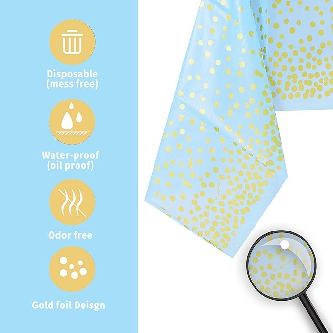 Blue and Gold Tablecloths for Party 4 Pack - 54 X 108 inch, Gold Dot Confetti Disposable Rectangular Plastic Table Cover for Baby Shower Boy Birthday Engagement Wedding Christmas BBQ Party