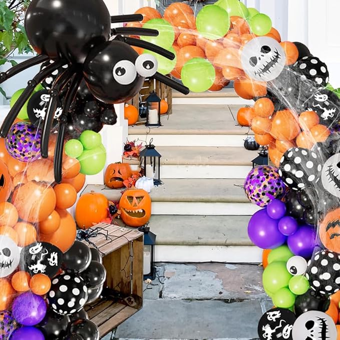 Halloween Spider Web Arch Kit - 136 Pcs Boo Banner Balloons, Spider & Confetti, Indoor/Outdoor Decor