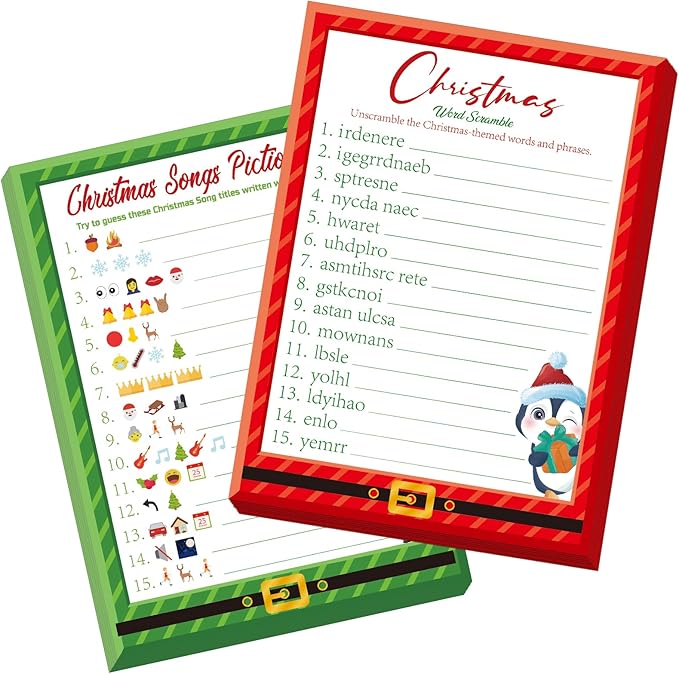 COCHIE 30 Players Christmas Party Games for Adults Family Office Large Groups, Xmas Parties Songs Pictionary Game, Guesstures Game, Word Scramble Games with Answer Key (Santa & Penguin)