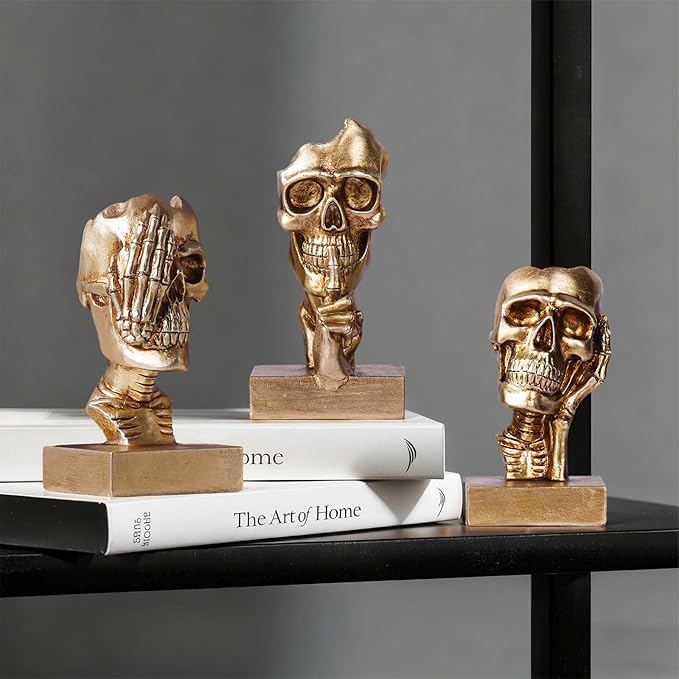 See Hear Speak No Evil Skeleton Figurines Set,Gothic Evil Skull Trio Statue,Vintage Skeletons for Halloween Decorations Indoor,Living Room Fireplace Floating Shelf Coffee Table Centerpiece Decor